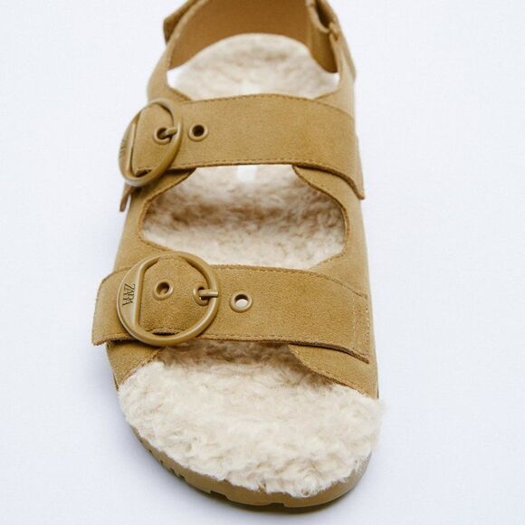 ZARA SAND FLAT LEATHER SANDALS FUR - Picture 3 of 6